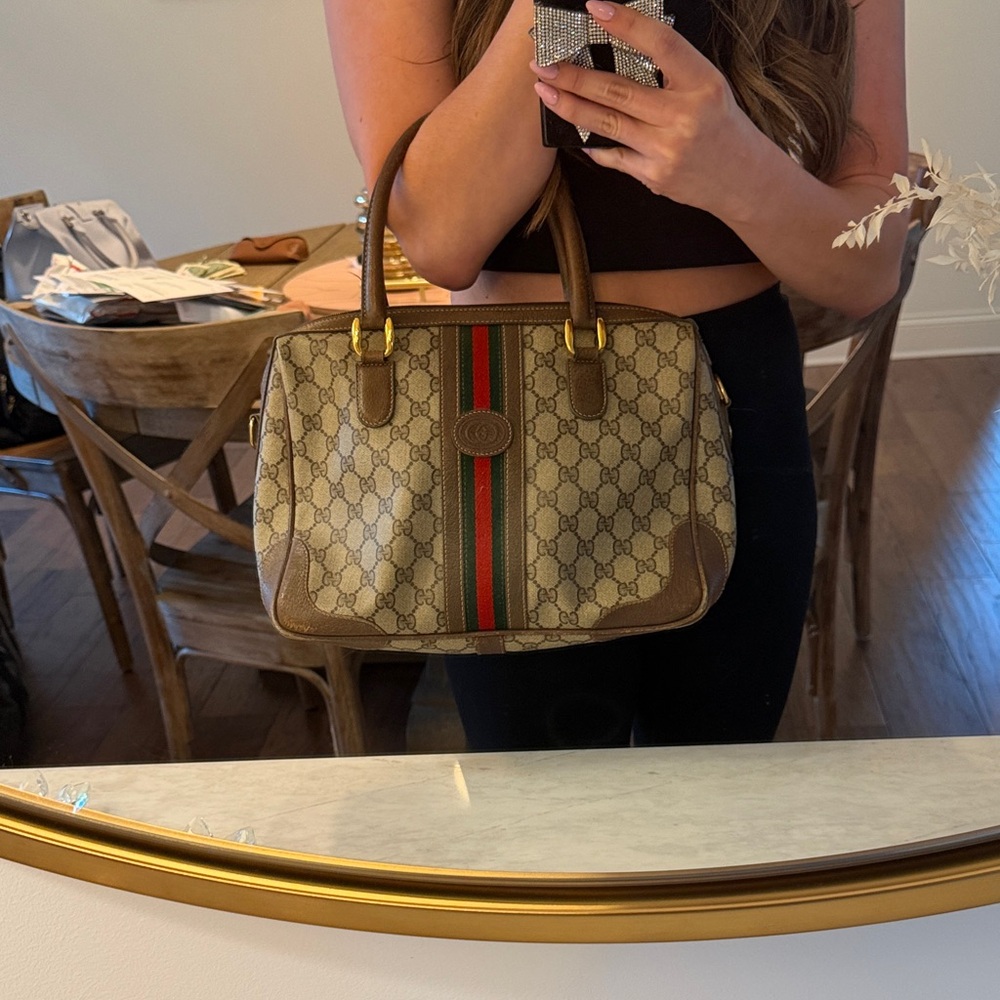 Gucci Vintage GG Supreme Canvas Boston Bag Beige Brown Ophidia Web Stripe - Picture 11 of 11